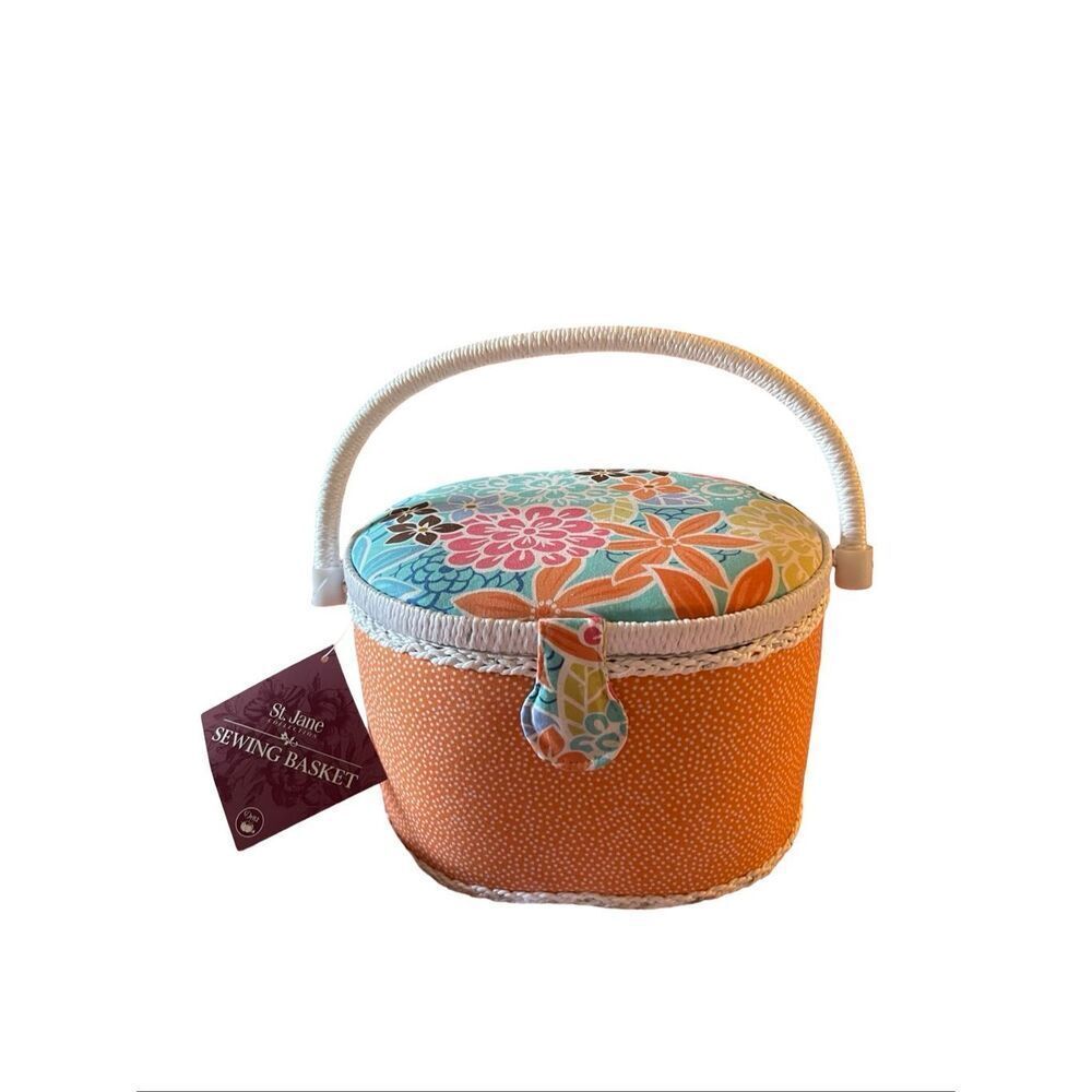 NEW St. Jane Collection Orange Polka Dot Base Floral Lid Footed Sewing Basket